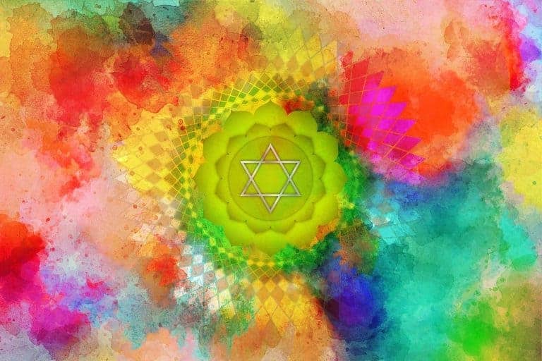 Chakras et mantra sur fond bariolé