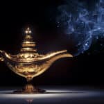 La lampe d'Aladdin et la fumée du génie qui s'échappe.