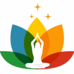 Une silhouette blanche assise dans une posture de Kriya Yoga avec les mains levées est centrée devant une fleur de lotus vibrante, sous quatre étoiles dorées - symbolisant la croissance spirituelle pour Cotisation au Centre de Kriya Yoga France.