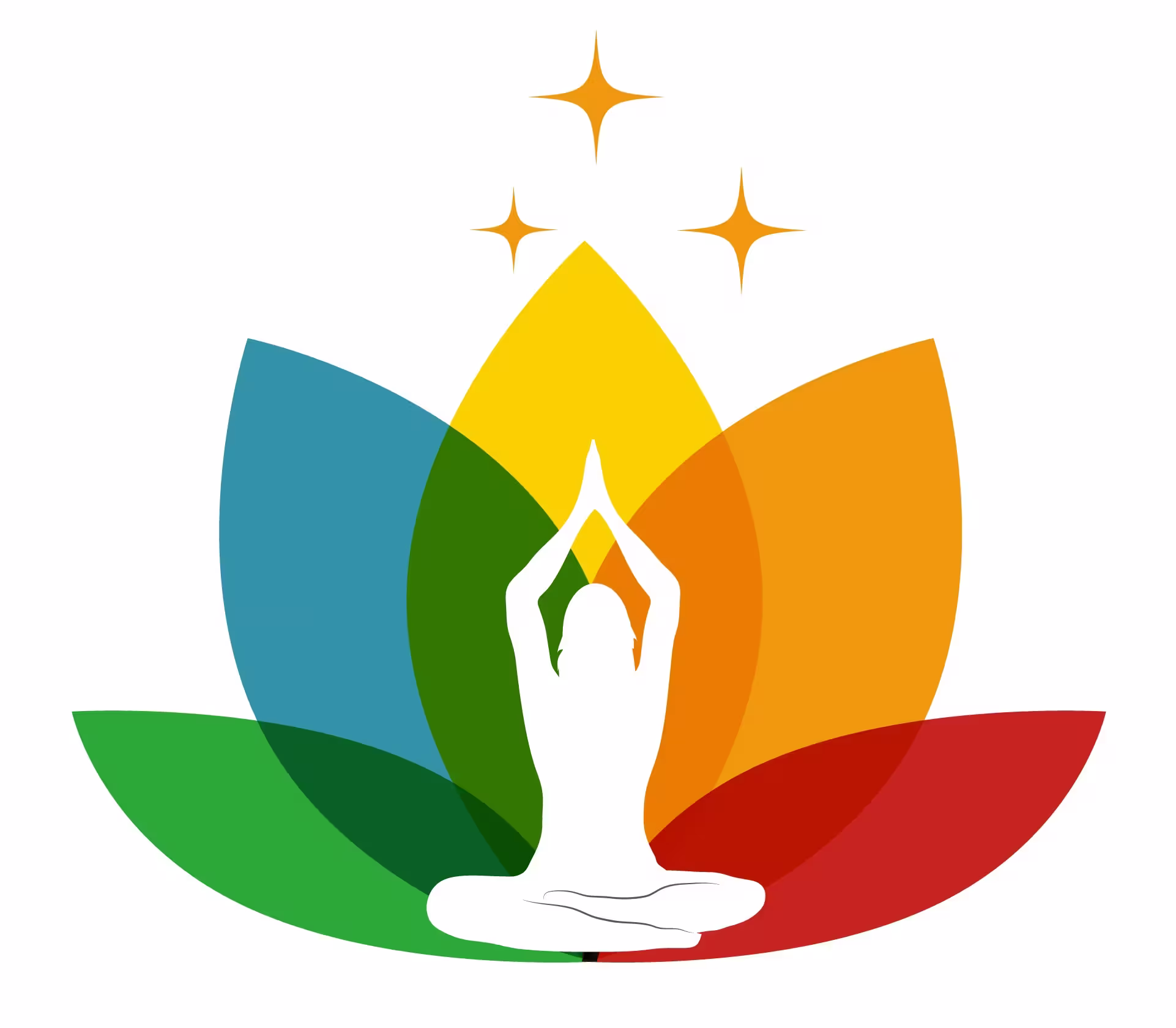 Cotisation au Centre de Kriya Yoga France Une silhouette blanche assise dans une posture de Kriya Yoga avec les mains levées est centrée devant une fleur de lotus vibrante, sous quatre étoiles dorées - symbolisant la croissance spirituelle pour Cotisation au Centre de Kriya Yoga France.