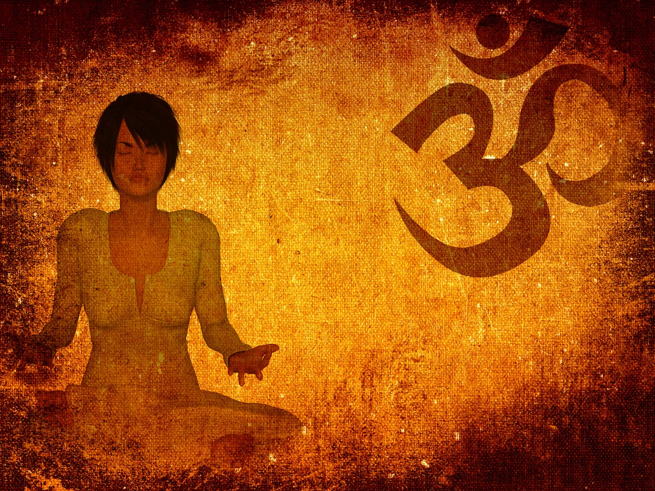 Femme assise en pleine méditation de kriya yoga avec le symbole aum sur fond grunge
