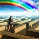 Smart businessman trying to find a labyrinth exit. Mixed media illustration.