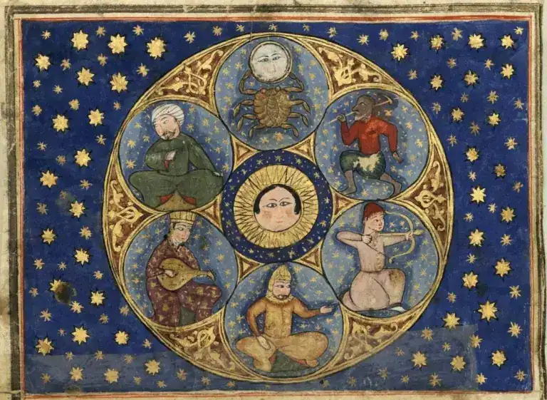 Une illustration de style médiéval représente un soleil central entouré d'un champ bleu parsemé d'étoiles dorées. Autour du soleil se trouvent six figures humaines et mythiques, évoquant l'astrologie, et des parties arabes complexes encerclent des corps célestes et des symboles du zodiaque.