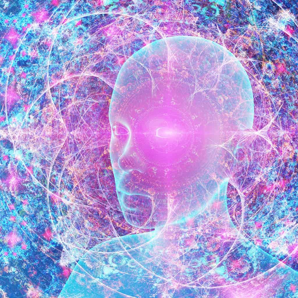 Tête d'homme à l'aura bleue et rose représentant Cerveau et Conscience Cosmique.