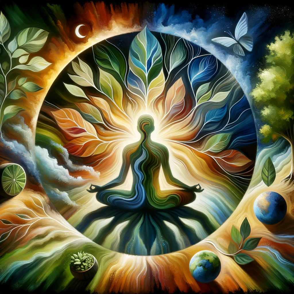 Un tableau d'un homme en position du lotus méditant pour une expansion de conscience avancée.
