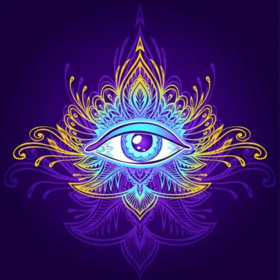 Un œil mystique qui voit tout sur fond violet.