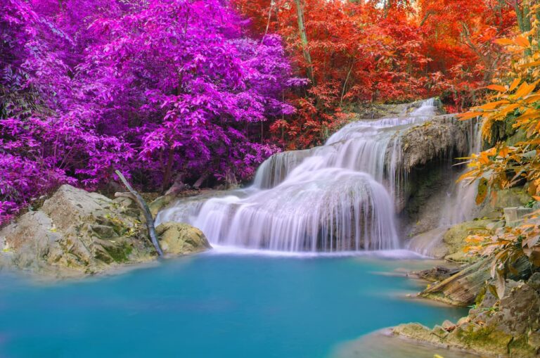 Une cascade sereine se jette dans une eau turquoise vibrante, entourée d'un feuillage luxuriant. Les feuilles affichent des couleurs vives, avec des arbres présentant des teintes violet vif et rouge ardent. La scène est à la fois tranquille et saisissante, illustrant les bienfaits inestimables d’un paysage naturel époustouflant et coloré.