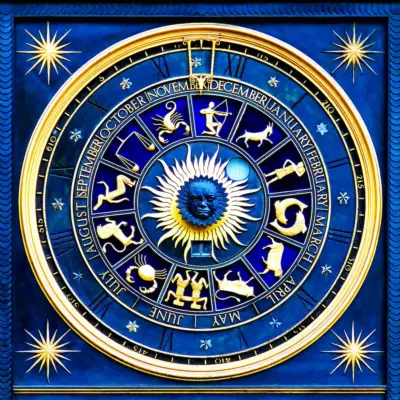 Une horloge astrologique vibrante, au cœur du thème de « Astrologie Karmique : L'Horoscope et Vos Vies Antérieures », met en valeur un soleil avec un visage humain en son centre. Tout autour se trouvent des symboles du zodiaque dorés représentant chaque mois. Le design présente un fond bleu profond mis en valeur par des étoiles dorées et des noms de mois étiquetés, le tout entouré d'un cadre circulaire orné.