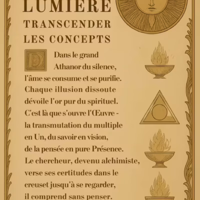 Concepts en Kriya Yoga Ésotérique Une affiche de style ancien, "Concepts en Kriya Yoga Ésotérique", présente des tons dorés, des bordures ornées, des illustrations de soleil et de lune, des symboles d'alchimie et un texte poétique en français sur l'âme, la sagesse et l'illumination spirituelle.