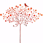 Suivez Votre Propre Dharma ! Illustration minimaliste d'un arbre au tronc fin et aux branches rouge-orange se terminant par des baies rondes. Un petit oiseau est assis au sommet de l'arbre, évoquant la spiritualité. Le fond blanc uni met en valeur les teintes rouges vives et la conception simple et élégante.