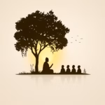 La silhouette d'une personne est assise sous un grand arbre, le doigt levé, comme si elle enseignait le développement personnel à quatre enfants. Le soleil se couche derrière eux, les oiseaux volent tout près et la scène rayonne de calme - un moment guidé par les forces de l'univers.