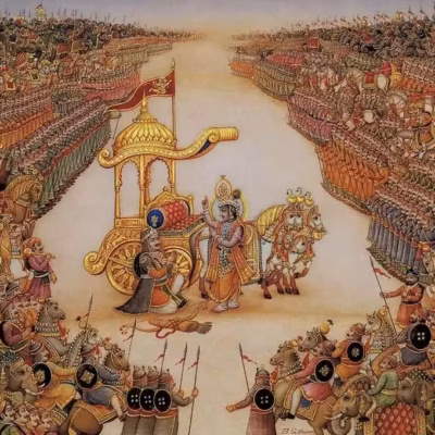 Une peinture détaillée montre deux vastes armées sur un champ de bataille, Krishna guidant Arjuna dans son char - symbolisant le "Processus Yoguiques pour la Paix et le Bonheur" - au milieu de files de guerriers, de chevaux et d'éléphants.