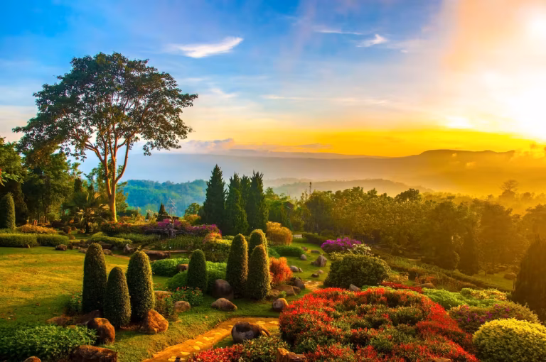 Un jardin vibrant au lever du soleil présente des pelouses verdoyantes, des buissons taillés, des parterres de fleurs colorés, de grands arbres et de lointaines collines ondulantes. La lumière dorée du soleil remplit le ciel, projetant une lumière chaude et mettant en valeur la beauté naturelle de ce Jardin de Dieu.