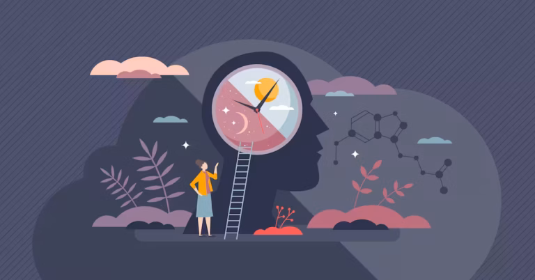 Illustration de Kala Purusha : une personne se tient près d'une échelle, regardant dans une grande silhouette de tête humaine remplie d'images cosmiques - des étoiles, une horloge. Des plantes abstraites, des nuages et une structure moléculaire évoquent les thèmes de l'esprit, du temps et de la science.