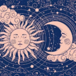 Illustration représentant un soleil serein et un croissant de lune dotés de visages, au milieu de nuages tourbillonnants et d'étoiles, sur un fond bleu foncé. Des lignes concentriques, des motifs tourbillonnants et des éléments célestes remplissent l'espace, créant une scène mystique de ciel nocturne qui évoque à la perfection l'harmonie sereine d'un Rituel Soleil-Lune.