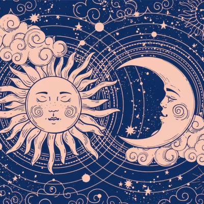 Illustration représentant un soleil serein et un croissant de lune dotés de visages, au milieu de nuages tourbillonnants et d'étoiles, sur un fond bleu foncé. Des lignes concentriques, des motifs tourbillonnants et des éléments célestes remplissent l'espace, créant une scène mystique de ciel nocturne qui évoque à la perfection l'harmonie sereine d'un Rituel Soleil-Lune.