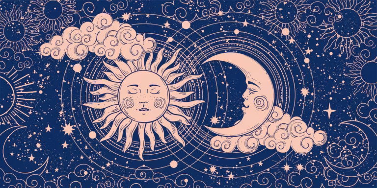 Illustration représentant un soleil serein et un croissant de lune dotés de visages, au milieu de nuages tourbillonnants et d'étoiles, sur un fond bleu foncé. Des lignes concentriques, des motifs tourbillonnants et des éléments célestes remplissent l'espace, créant une scène mystique de ciel nocturne qui évoque à la perfection l'harmonie sereine d'un Rituel Soleil-Lune.