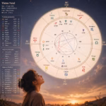 Une femme étudie son thème astral au coucher du soleil, avec des symboles du zodiaque, des planètes, des lignes d'aspect et une table française à gauche - avec Astrologie Natale : Apprenez à Lire Votre Thème Astral Pas à Pas !.