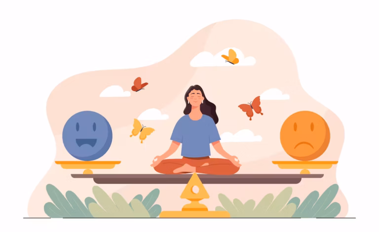 Illustration d'une femme méditant les jambes croisées sur une balance équilibrée avec un visage bleu joyeux et un visage orange triste, soulignant l'équilibre émotionnel et la pleine conscience tout en abordant subtilement le danger des émotions. Des papillons et des nuages flottent autour d'elle.