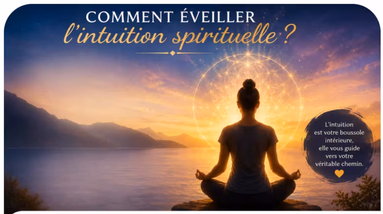 Une femme est assise, les jambes croisées, en méditation au bord d'un lac pendant le coucher du soleil, avec une géométrie sacrée lumineuse derrière elle. "Comment éveiller l'intuition spirituelle ?" apparaît au-dessus, vous invitant à explorer le développement spirituel et à éveiller votre intuition profonde.