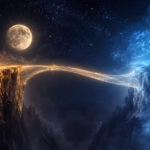 Un pont éthéré et lumineux forme un arc entre deux falaises sous un ciel nocturne parsemé d’étoiles, avec une pleine lune illuminant la gauche et une brume bleue lumineuse enveloppant la droite. Cette scène mystique, animée par des nuages spectaculaires et des rochers escarpés où se mêlent lumières chaudes et froides, constitue le décor idéal pour *Pratique Avancée du Kriya Yoga : Le Maintien de la Continuité de Conscience* — un environnement évocateur pour les chercheurs en quête de continuité de la conscience au cœur d’une tranquillité aussi envoûtante.