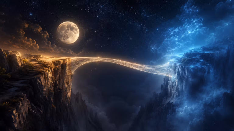 Un pont éthéré et lumineux forme un arc entre deux falaises sous un ciel nocturne parsemé d’étoiles, avec une pleine lune illuminant la gauche et une brume bleue lumineuse enveloppant la droite. Cette scène mystique, animée par des nuages spectaculaires et des rochers escarpés où se mêlent lumières chaudes et froides, constitue le décor idéal pour *Pratique Avancée du Kriya Yoga : Le Maintien de la Continuité de Conscience* — un environnement évocateur pour les chercheurs en quête de continuité de la conscience au cœur d’une tranquillité aussi envoûtante.