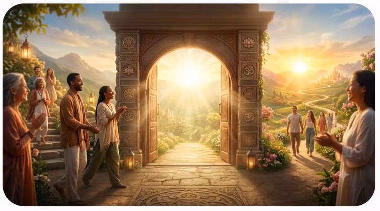 Un groupe hétéroclite de personnes, souriantes, marchant vers une porte en pierre ouvragée baignée de soleil, au milieu d’un paysage luxuriant et fleuri — avec des montagnes, un sentier sinueux et des bâtiments lointains sous un lever de soleil doré et éclatant —, imprégné d’une atmosphère de spiritualité et de l’énergie paisible inspirée par La Doctrine du Kriya.