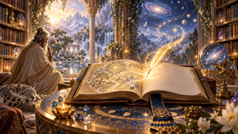 Dans une bibliothèque somptueuse, une silhouette âgée est assise près d’un livre ouvert et magique aux lettres lumineuses, comme guidée par le destin. Une plume écrit d’elle-même. À l’extérieur, des montagnes majestueuses, des cascades et des galaxies s’étendent à perte de vue, mêlant fantaisie et réalité. Les étagères sont remplies de livres, de bougies et d’objets mystiques.