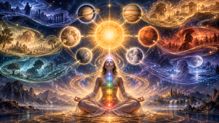 Une personne médite, les chakras illuminés, baignée d’une lumière venant d’en haut. Des planètes et des scènes mythologiques tournent en spirale autour d’un soleil éclatant, symbolisant l’incarnation et le voyage cosmique des samskaras. Cette scène mêle des thèmes spirituels, cosmiques et anciens au sein d’un paysage fantastique, céleste et plein de vie.