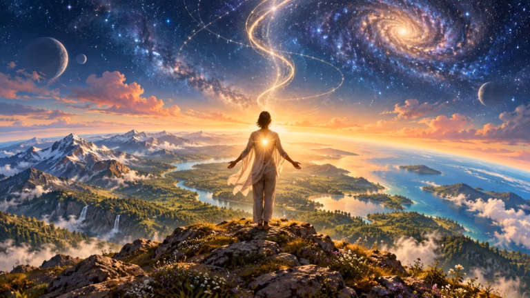 Une personne se tient au sommet d'une montagne au lever du soleil, les bras grands ouverts, une lumière éclatante rayonnant sur sa poitrine. En contrebas s'étendent des forêts, des rivières et des montagnes. Au-dessus, des galaxies aux couleurs chatoyantes et des étoiles tourbillonnantes envahissent le ciel, s'unissant à cette personne dans une scène magique et cosmique — un moment à couper le souffle qui incarne à merveille l'esprit de « La Vie est Belle ».