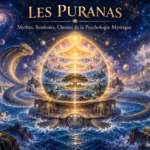 Illustration de couverture de *Les Puranas : Mythes, Symboles, Chemin de la Psychologie Mystique*, représentant une tortue de mer géante portant des éléphants, une sphère en gradins composée de montagnes et de forêts, ainsi qu’un cobra se dressant au milieu d’une galaxie étoilée et de palais flottants.