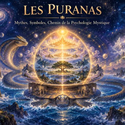 Illustration de couverture de *Les Puranas : Mythes, Symboles, Chemin de la Psychologie Mystique*, représentant une tortue de mer géante portant des éléphants, une sphère en gradins composée de montagnes et de forêts, ainsi qu’un cobra se dressant au milieu d’une galaxie étoilée et de palais flottants.
