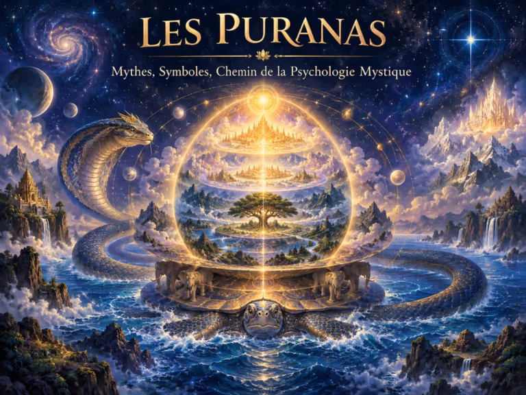 Illustration de couverture de *Les Puranas : Mythes, Symboles, Chemin de la Psychologie Mystique*, représentant une tortue de mer géante portant des éléphants, une sphère en gradins composée de montagnes et de forêts, ainsi qu’un cobra se dressant au milieu d’une galaxie étoilée et de palais flottants.