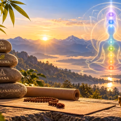 Yama, Niyama, Asanas, Pranayama Une pile de quatre pierres, sur chacune desquelles est gravé un symbole issu de l'ensemble Yama, Niyama, Asanas et Pranayama, repose sur un tapis au coucher du soleil, tandis qu'une silhouette éthérée et lumineuse médite au-dessus, près d'un bol de méditation et d'un chapelet.