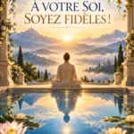 Une personne vêtue de blanc est assise en position du lotus et pratique « À Votre Soi, Soyez Fidèles ! » sur un balcon en pierre, tandis que des nénuphars blancs flottent dans un bassin qui reflète la silhouette du méditant ainsi que le coucher de soleil doré sur une chaîne de montagnes et un lac.