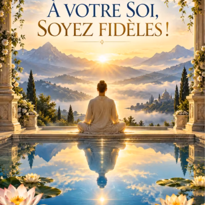 Une personne vêtue de blanc est assise en position du lotus et pratique « À Votre Soi, Soyez Fidèles ! » sur un balcon en pierre, tandis que des nénuphars blancs flottent dans un bassin qui reflète la silhouette du méditant ainsi que le coucher de soleil doré sur une chaîne de montagnes et un lac.