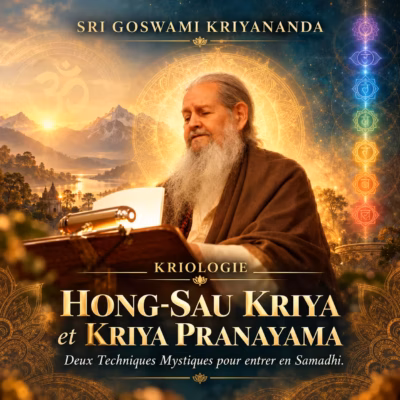 Goswami Kriyananda, aux longs cheveux blancs et à la barbe blanche, lit un exemplaire ouvert du livre *Hong-Sau Kriya et Kriya Pranayama*, avec en arrière-plan une montagne lumineuse et éthérée, sur laquelle se détachent une colonne verticale composée des sept symboles des chakras et des mandalas dorés richement décorés.
