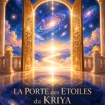 Une porte dorée richement décorée se dresse sur un balcon en marbre orné de motifs de lotus, encadrant un chemin lumineux qui traverse les nuages pour mener à une galaxie, sur laquelle est inscrit « La Porte des Étoiles du Kriya ».