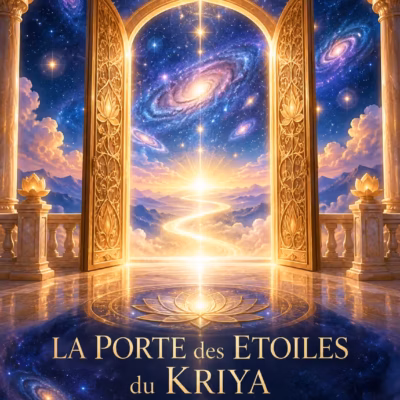 Une porte dorée richement décorée se dresse sur un balcon en marbre orné de motifs de lotus, encadrant un chemin lumineux qui traverse les nuages pour mener à une galaxie, sur laquelle est inscrit « La Porte des Étoiles du Kriya ».