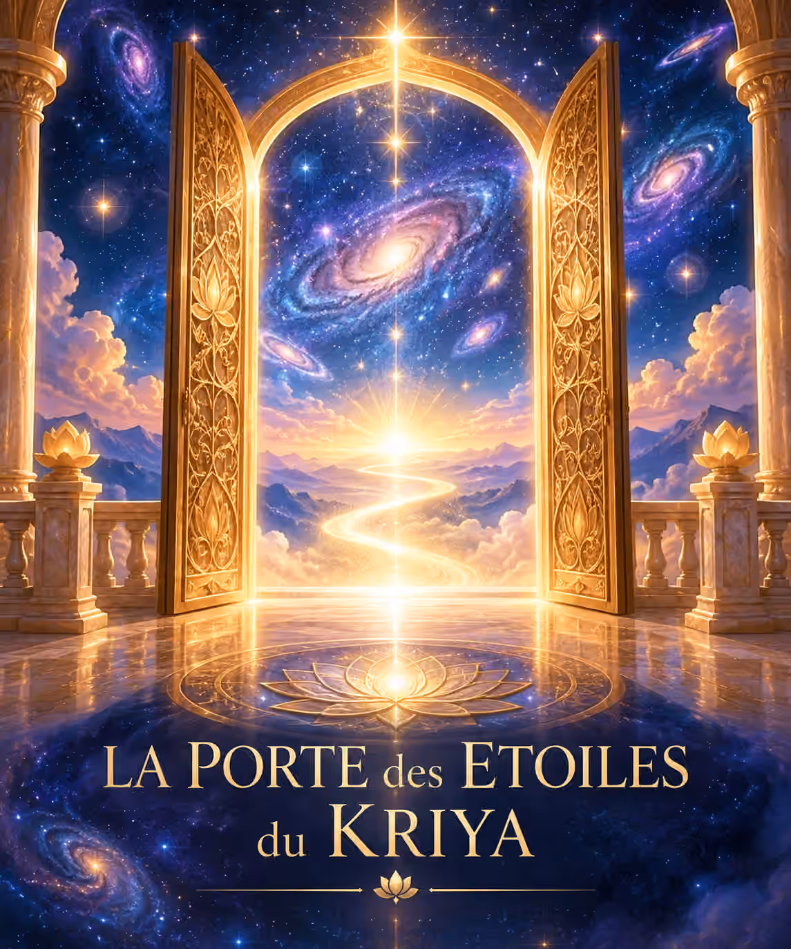 La Porte des Étoiles du Kriya Une porte dorée richement décorée se dresse sur un balcon en marbre orné de motifs de lotus, encadrant un chemin lumineux qui traverse les nuages pour mener à une galaxie, sur laquelle est inscrit « La Porte des Étoiles du Kriya ».