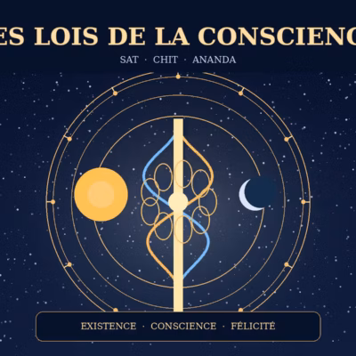 Un pilier central doré, orné de courbes entrelacées bleues et dorées, se dresse entre un soleil et un croissant de lune, sous le titre « Les Lois de la Conscience », le tout sur fond de ciel étoilé.