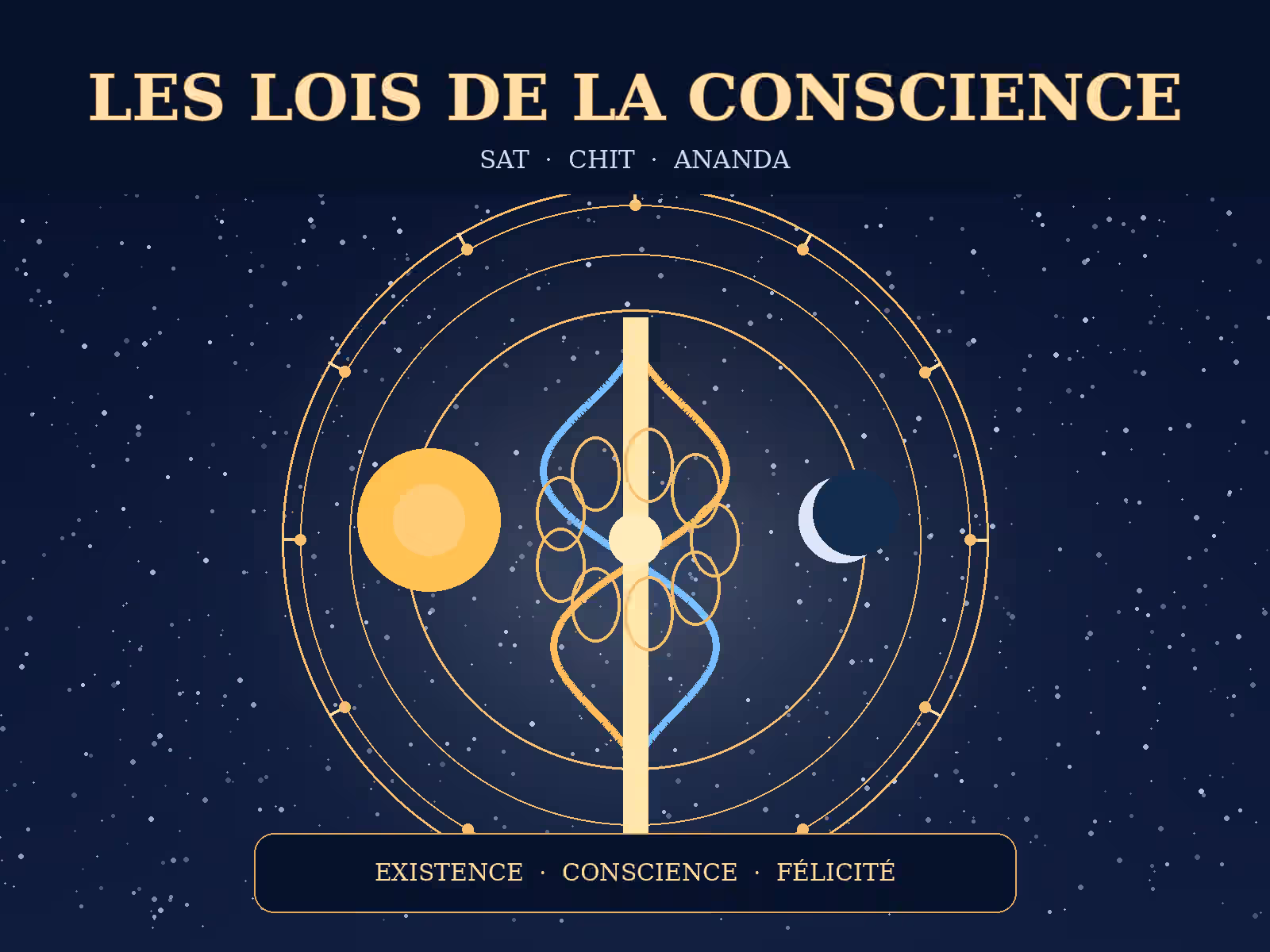 Les Lois de la Conscience Un pilier central doré, orné de courbes entrelacées bleues et dorées, se dresse entre un soleil et un croissant de lune, sous le titre « Les Lois de la Conscience », le tout sur fond de ciel étoilé.