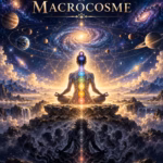 Dans cette œuvre intitulée « Microcosme et Macrocosme », un personnage médite en position du lotus au sommet d'une fleur de pierre, avec en arrière-plan un canal d'énergie lumineux, une montagne et une cascade, ainsi qu'une galaxie tourbillonnante.