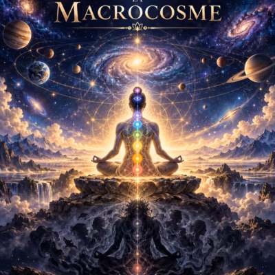Dans cette œuvre intitulée « Microcosme et Macrocosme », un personnage médite en position du lotus au sommet d'une fleur de pierre, avec en arrière-plan un canal d'énergie lumineux, une montagne et une cascade, ainsi qu'une galaxie tourbillonnante.