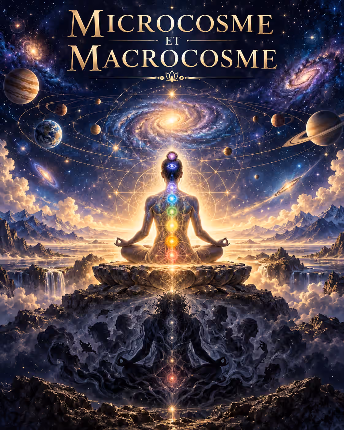 Microcosme et Macrocosme Dans cette œuvre intitulée « Microcosme et Macrocosme », un personnage médite en position du lotus au sommet d'une fleur de pierre, avec en arrière-plan un canal d'énergie lumineux, une montagne et une cascade, ainsi qu'une galaxie tourbillonnante.