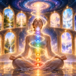 Une femme vêtue d'une robe blanche pratique les « Orientations vers la pratique du Kriya » en position du lotus, tandis que des symboles de chakras multicolores et lumineux s'alignent le long de sa colonne vertébrale, dans une grande salle aux fenêtres cintrées donnant sur divers paysages et galaxies.