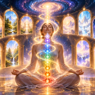 Une femme vêtue d'une robe blanche pratique les « Orientations vers la pratique du Kriya » en position du lotus, tandis que des symboles de chakras multicolores et lumineux s'alignent le long de sa colonne vertébrale, dans une grande salle aux fenêtres cintrées donnant sur divers paysages et galaxies.
