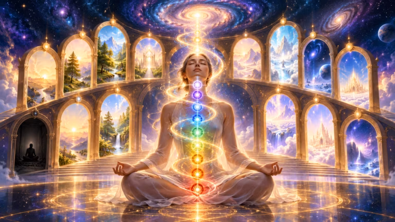 Une femme vêtue d'une robe blanche pratique les « Orientations vers la pratique du Kriya » en position du lotus, tandis que des symboles de chakras multicolores et lumineux s'alignent le long de sa colonne vertébrale, dans une grande salle aux fenêtres cintrées donnant sur divers paysages et galaxies.