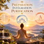 Une personne vêtue d’une robe blanche est assise en posture de méditation pour la « Préparation, intégration et purification du corps, du mental et de l’esprit », surplombant une vallée fluviale au lever du soleil, avec au-dessus d’elle des icônes flottantes représentant un être humain, un lotus et une goutte d’eau.