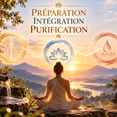 Une personne vêtue d’une robe blanche est assise en posture de méditation pour la « Préparation, intégration et purification du corps, du mental et de l’esprit », surplombant une vallée fluviale au lever du soleil, avec au-dessus d’elle des icônes flottantes représentant un être humain, un lotus et une goutte d’eau.